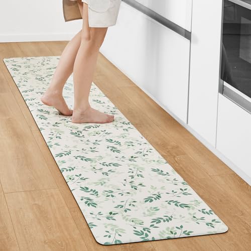 Deconovo キッチンマット PVC素材 撥水加工 滑り止め 葉柄 ベージュ 44cmx120cm 洗濯不要 すべりにくさ 北欧 おしゃれ はっ水 無地 拭ける 厚さ8mm ずれない 台所 マット フカフカ 厚手 防汚