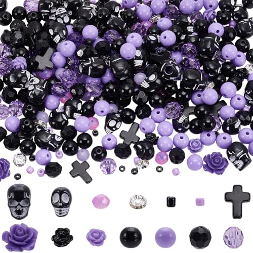 SUNNYCLUE 646Pcs Skull Beads Gothic Beads Black Purple Rose Flower Halloween Skeleton Cross Charms Acrylic Losse Spacers for Jewelry Making Bracelets Necklaces DIY Crafts Gift Holiday Women Adults