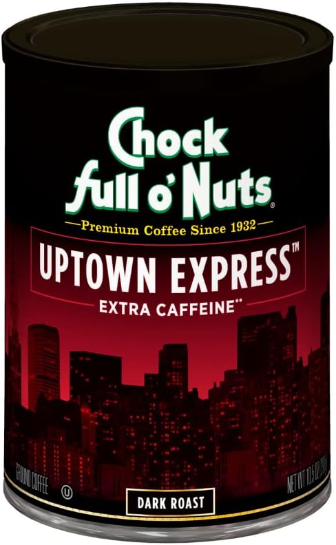 Chock Full o' Nuts Uptown Express Ground Coffee – Premium Beans in Recyclable Steel Can – Rich Flavor & Aroma, Dark Roast – Perfect for Drip, Pour-Over, Percolator – 10.5 Oz Can