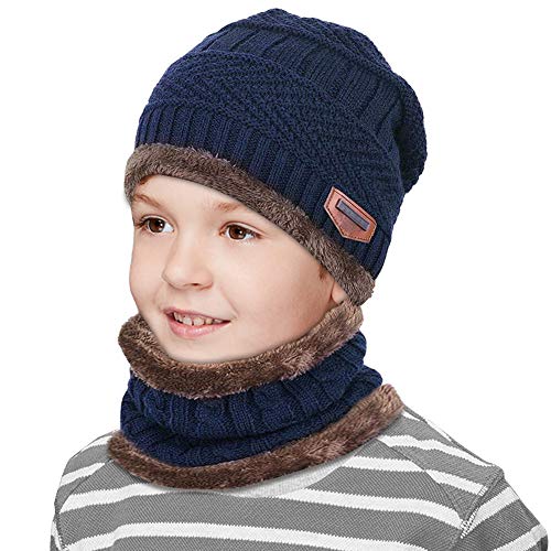 Niños Gorro Invierno con Bufanda tubular? Calentar Sombreros Forro de Lana?Gorras Beanie de Punto para Niños de 6-14 Años