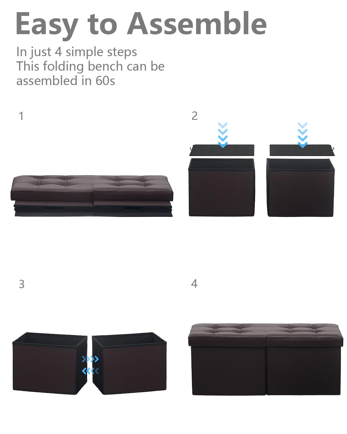 AmasSmile Banco otomano reposapiés con almacenamiento, reposapiés de cuero marrón de 34 pulgadas, mesa de café, asiento acolchado, baúl de almacenamiento, tienda de mantas con tapa abatible para sala