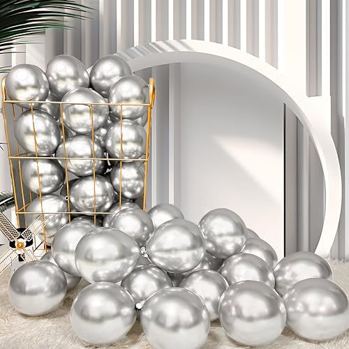 Image of Firomi Metallic Chrome Silver Balloons 5-inch 100 Pack (with 2 Ribbons)