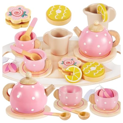 BUYGER Kids Wooden Tea Party Set for Little Girls Toddler Pretend Play Food Kitchen Accessories Princess Birthday Gifts for Ages 3 4 5 Years Old
