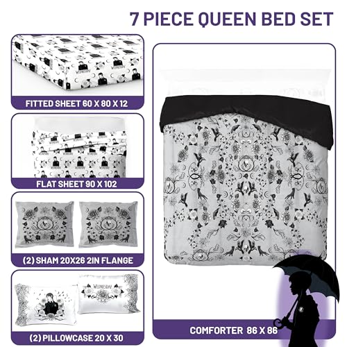 Image of Wednesday Addams Queen Comforter Set 7 Piece Floral Bedding for Girls, Gray