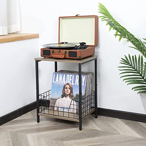 2-Tier Record Player Table, Industrial Retro Side Table Nightstand Small End Table For Living Room Bedroom Kitchen Office Small Spaces, Record Player Stand With Record Album Storage-Rustic Brown #TOP4