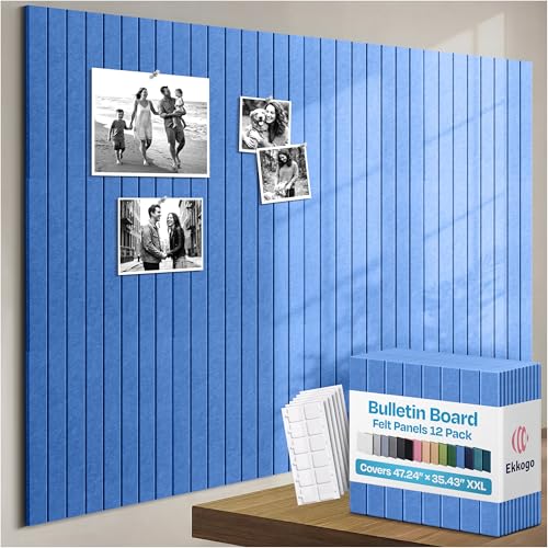 Image of X-Large Cork Board Alternative 12-Pack Felt Bulletin Board Thick and Decorative Pin Board for Home Office Walls 47.24 x 35.43 Inches with 72 Adhesive Tabs - [Grand Blue]