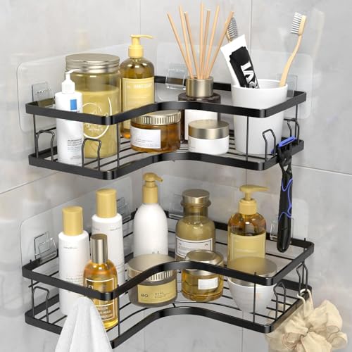 Volpeblu Estanteria de Ducha para Baño, Acero Inoxidable, Organizador con Estantes Esquineros, Cesta, Jabonera y Soporte para Afeitadora, 2 Piezas, Negro