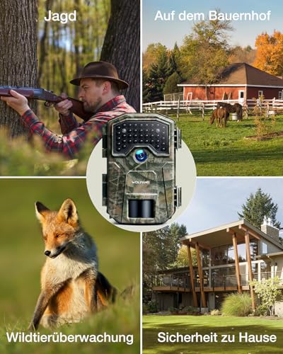 WOLFANG Wildkamera, 48MP 4K Jagdkamera mit 940nm kein Glühen Nachtsicht mit 2.4'TFT Display,...