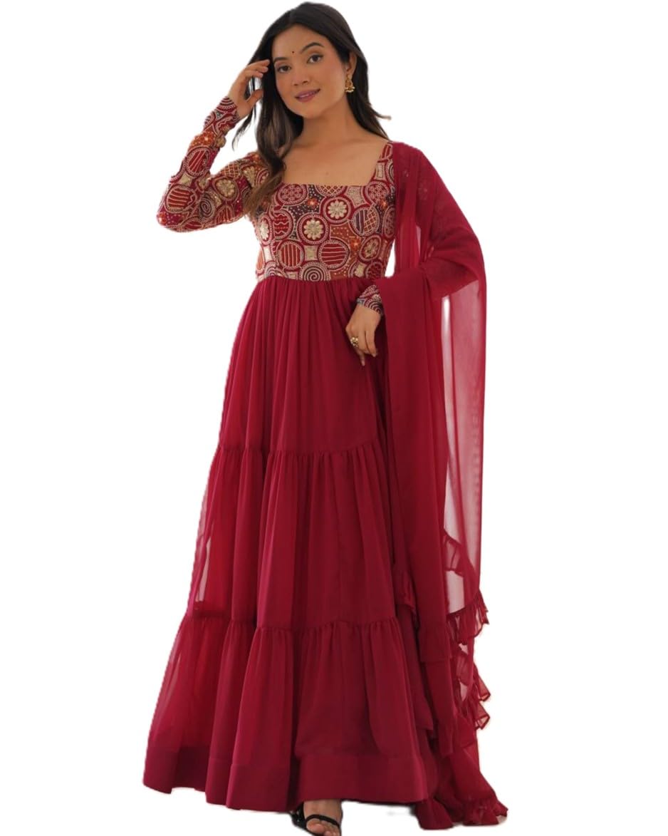 Women's Designer Fully Flared Anarkali Gown Set with Dupatta & Pant | Fox Georgette with 9 Needle Thread Embroidery | 8 Meter Flare Festive, Party-image-30