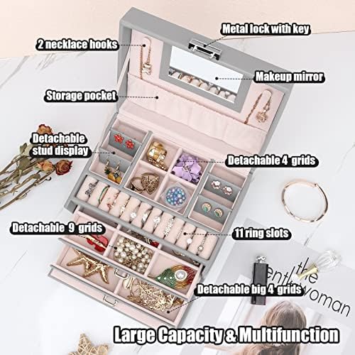 Jewellery Box Organiser, 3 Layers PU Leather Jewelry Storage Case with Mirror and Lock, Lockable Jewellery Organiser with 2 Drawers for Rings, Bracelets, Earrings, Grey