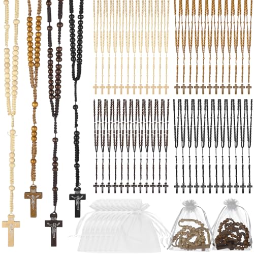 Lnrueg 48 Pcs Wooden Bead Rosary Necklaces with Organza Bags, Jesus Cross Pendant Rosary Necklace, First Communion Beads, Catholic Gifts Baptism Favors, 4 Colors