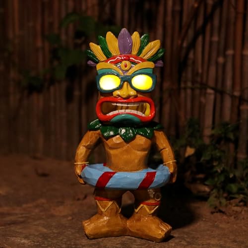 Tiki Statue with Swim Ring - Tiki Bar Decorations Outdoor Decor, Garden Statue with Solar Light for Patio Porch Poolside Balcony - Yard Art Lawn Ornaments Figurine Gardening Gift for Tiki Lover