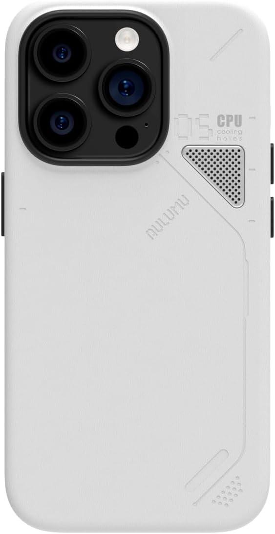 Aulumu Vegan Leather for iPhone 14 Pro Magnetic Case [Unique Cooling Window] - Compatible with Magsafe [Metal Individual Buttons] - A05 White