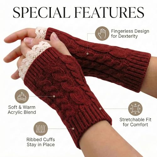 Image of Kraptick Women's Cable Knit Fingerless Gloves - Winter Arm Warmers with Elegant Lace Trim & Thumb Hole - Soft Woolen Thermal Half Finger Mittens for Typing, Driving & Office Work (Free Size, khaki)-1