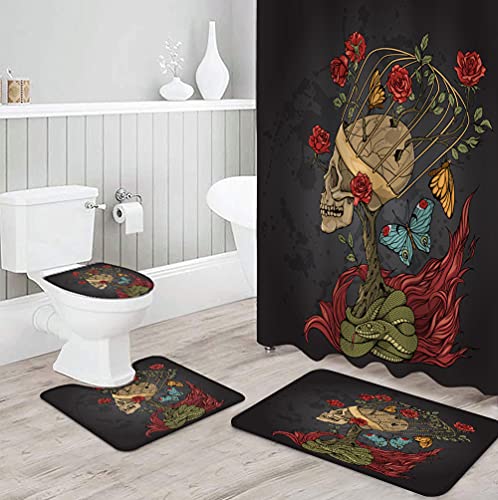 ZDDWLDL 3D Gedruckter Duschvorhänge Set Schwarzer Grauer Roter Blumenschmetterlingsschädel Duschvorhang Set 4 Stück…