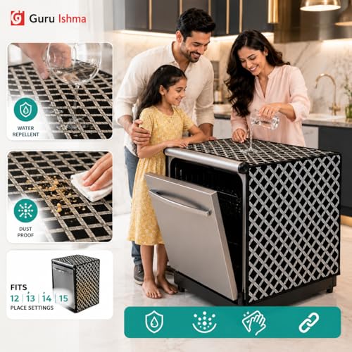 Image of Waterproof Dishwasher Cover for 12 to 15 Place Setting | Suitable with Bosch, LG, IFB, Hafele, Faber & More | Dustproof Appliance Protector Zip Cover Universal Fit-(63X63X88cms Design 15)