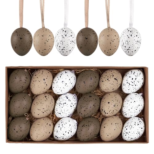 Valery Madelyn Easter Eggs Decoration Tree Ornaments Set 18CT 157inch Shatterproof Nuture Hanging Egg Bulk for Kids Beige White Easter Basket Stuffers Assorted for Spring Holiday Party Decor