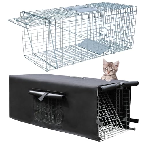 Live Animal Cat Trap Cage with Cover, Cat Traps for Stray Cats, Raccoon, Rabbit, Skunks, Feral Cats, Squirrels, Mouse, with Real Door Folding (32 x10 x12 Inches)