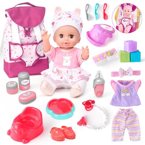 AuntyFey Baby Doll with Accessories Set, Baby Dolls Set for Toddler Girls 3-5 6-12, Baby Doll Playset, Baby Dolls for 5 Year Old Girls, Baby Doll Toys Pretend Play Toy(Backpack)