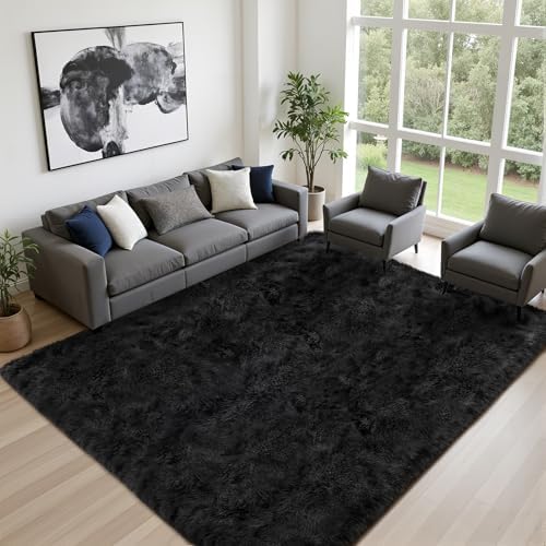 Luxturiy 8x10 Area Rug Living Room Bedroom: Fluffy Plush Shag Carpet Black