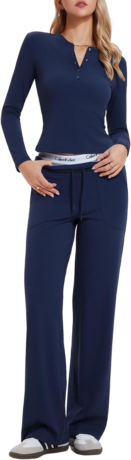 IUK Women’s 2 Piece Sets 2025 Fall Outfits Henley Long Sleeve Top & High Waist Wide Leg Pants Lounge Tracksuit Travel Outfit
