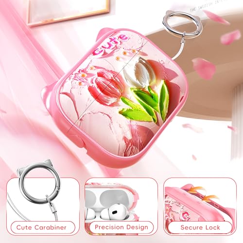 Image of for AirPods Pro 2 Case with Cleaning Kit, Cute Cat Ear Print Design & Cute Buckle for Girls, Phone Holder & Top Safe Lock Buckle Design for AirPods Pro 2nd /1st Gen case, Tulip