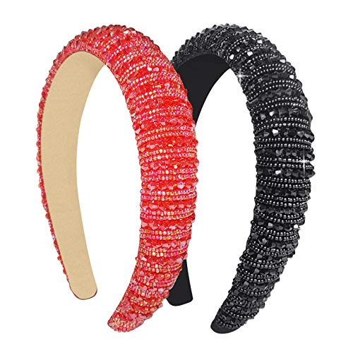 LOKFAR Velvet Adult Headbands for Women Thin Rhinestone Beaded Headband Jeweled Headband, Fashion Glitter Bedazzled Headband Crystal Embellished Hair Hoop Trendy Wedding Headband for Girls (Red+Black)