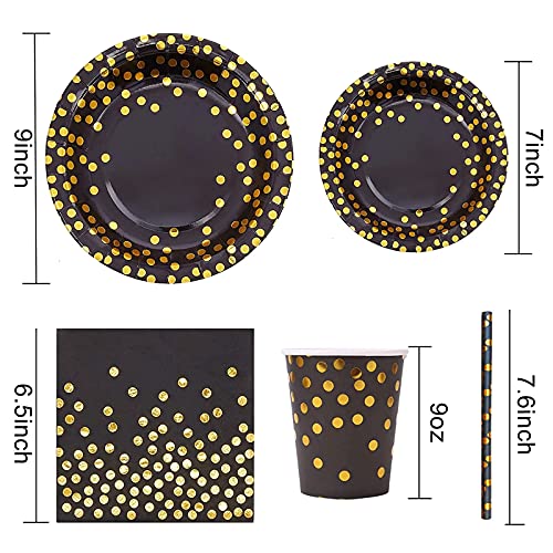 Yidaxing Zwart en goud partyservies, afbreekbaar, gouden dot, partyborden, set bevat servetten, papieren bekertjes… - Afbeelding 5