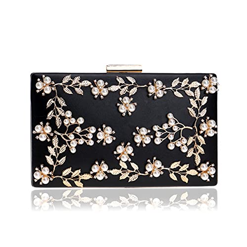 CWYPB Bolso De Noche para Mujer, Flor De Perla Brillante Bolso De Mano De Noche para Boda Bolso De Mano Floral para Novia para Teléfono Dinero Y Cosméticos,Negro