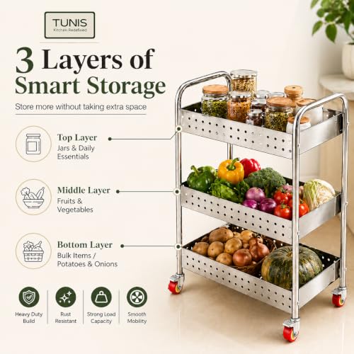 Image of TUNIS 3 Tier 202 Premium Stainless Steel Kitchen Storage Trolley with 360 Rotating Wheels | Multipurpose Vegetable & Fruit Rack Organizer | Movable Storage Cart for Kitchen, Pantry & Home