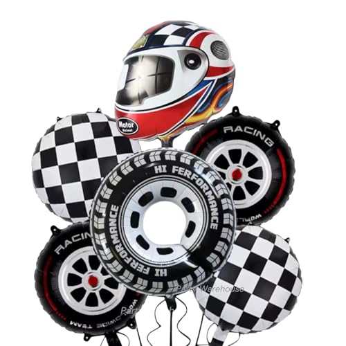 Image of Party Warehouse Helmet + Tyres Balloon Set - Includes Racing Helmet, Big Tyre 32 Inch, 2 Tyres & 2 Chequered Foil Balloons | Elegant Racing Theme | Must-Have Essential for Party Decor