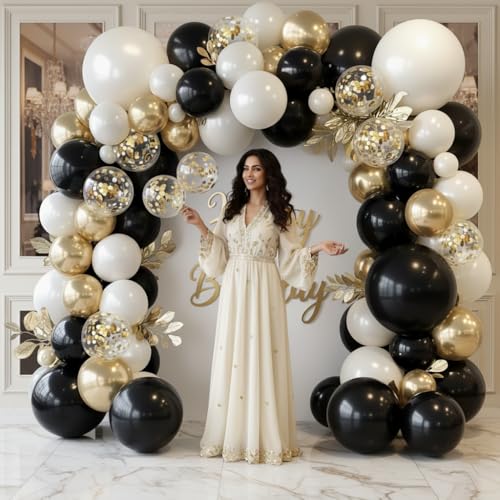 Image of Black and Gold Balloon Arch Garland Kit 150pcs 2026 New Year's, Double Stuffed Pearl Sand White Black Chrome Gold Balloons Arch Kit for Graduation Father's Day Birthday Party Decoration