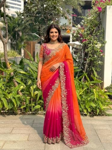 Image of ORHANS Women's Organza Silk Saree with Unstitched Blouse Piece Heavy Embroidery Work and Floral Pattern | Womens Sarees for Weddings | Party and Festivals Sari for Woman | Silk Saree