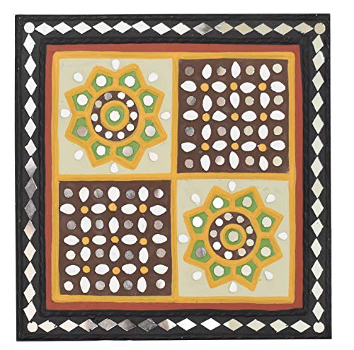 Image of Ethnics of Kutch Traditional Kutch Handicraft Mud-Mirrorwork Lippan Kam Wall Art (Water and Break Resistant) - Square (12 inch x 12 inch) - (Black - LKT-0231)