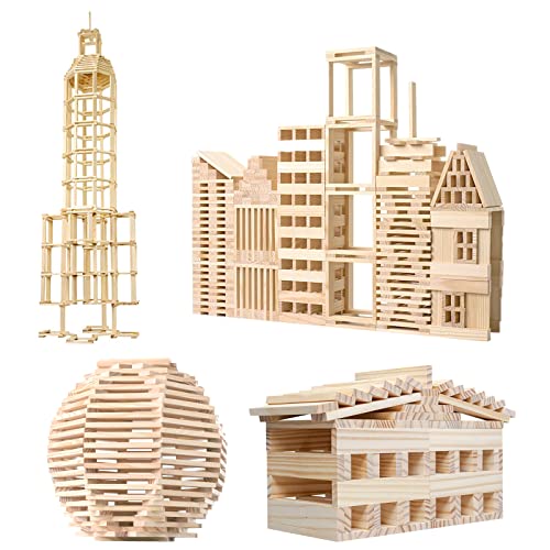 NiToy 200 Stück Holzbausteine, Kreative Montessori STEM Bauklötze aus Natur Kiefernholz, Sensorisches Spielzeug für Kinder, Bildungs-Lernspielzeug ab 1 Jahr, 3D Raumstapelspiele für Jungen und Mädchen