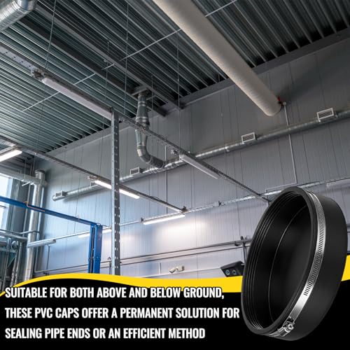 Image of 3 Pack 8 Inch Flexible PVC Pipe Cap with Stainless Steel Clamps - Black Durable End Caps for Drainage, Wastewater & Vent Pipes, Above /below Ground Use