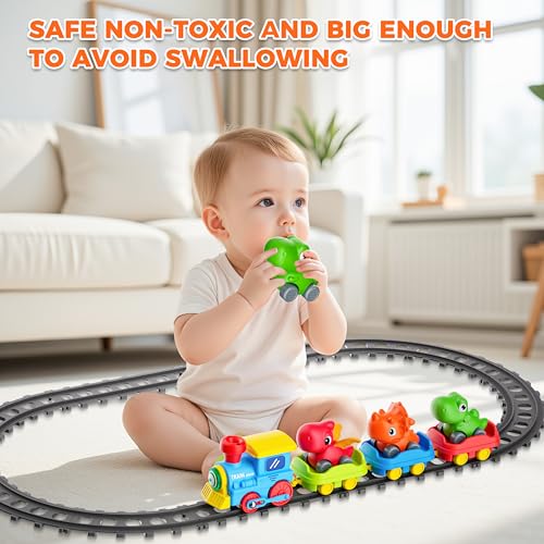 Image of Train Set for Toddlers with Steam, Music, Lights and 3 Dinosaur Cars | Electric train fun meets dinosaur play with music, lights and a gentle steam effect.