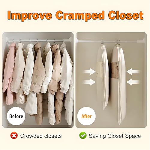 Space Saving Hanging Garment Bag with Self Compression Zipper, 2025 New Large Capacity Long Hanging Clothes Compression,Thick Satin Fabric Dust Cover Clothes Suit Bags for Coats, Down,Dress(Beige,XL)2