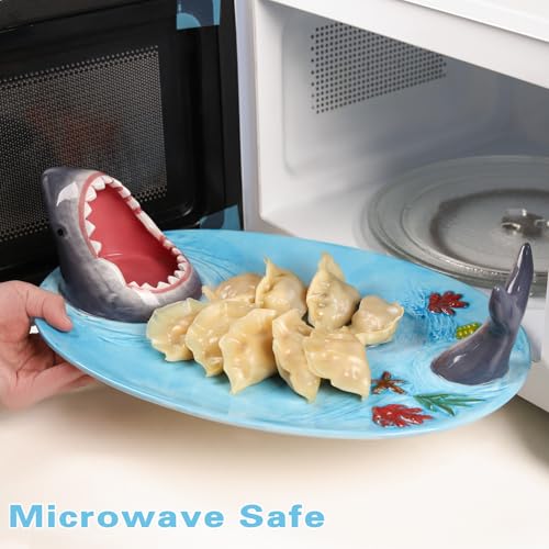 Image of Shark Charcuterie Board, Shark Fish Sushi Plates, Handmade Ceramic Taco Holder, Funny Sharks Party Platter Tray with Dipping Sauce Bowl, Holiday Birthday Gifts for Sharks Party Lovers