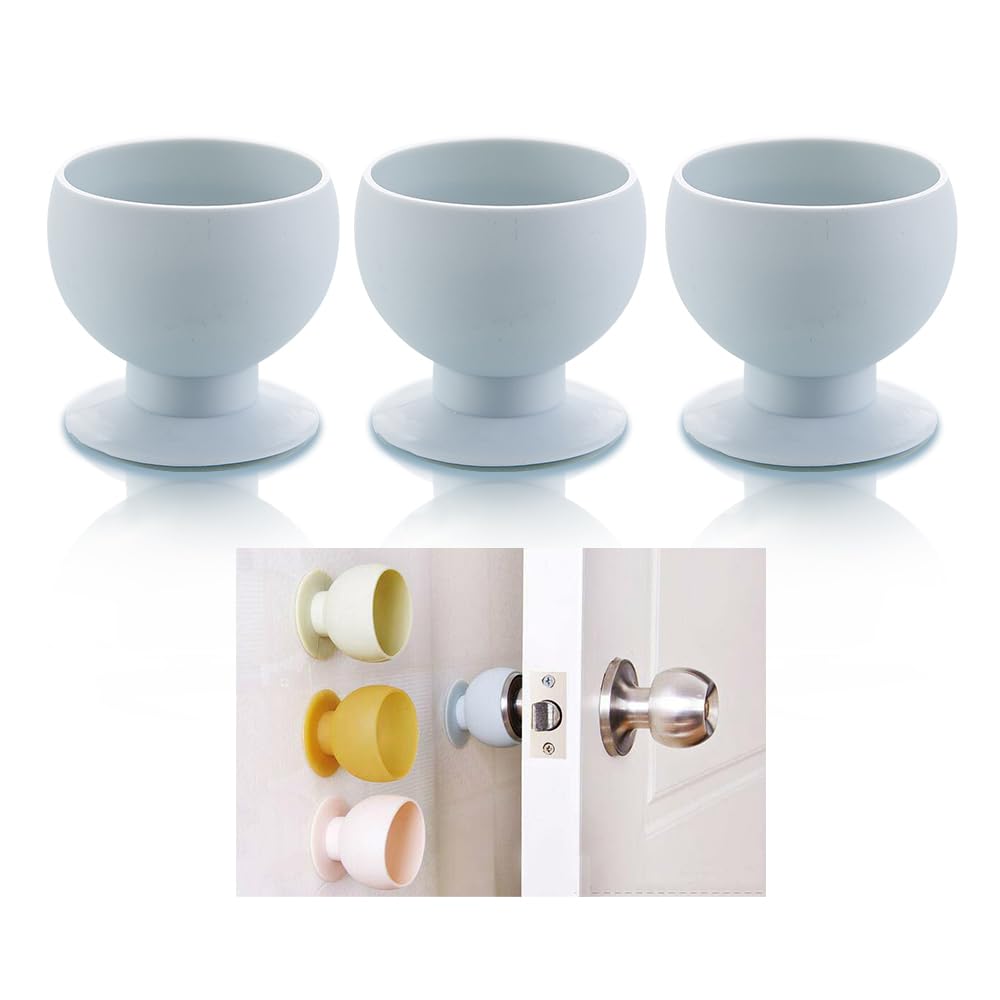 HEMIPLEGIA 3-Pack Silicone Doorknob Covers, Round Door Knob Protectors - Wall Bumpers, Dust Covers, Noise Reducers, Easy to Install (Blue)