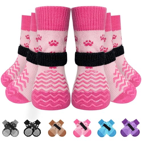 EXPAWLORER 6Pcs Anti Slip Dog Socks to Prevent Licking Paws, Dog Shoes for Hot Pavement Double Sides Dog Boots & Paw Protectors Booties for Hardwood Floors with Grip Small Medium Large Senior Dogs, XS