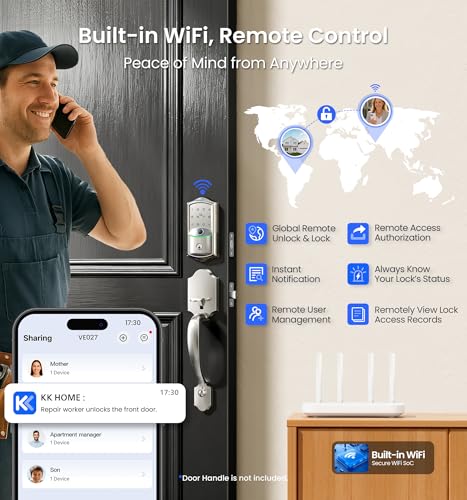 Veise VE027 Built-in Wi-Fi Smart Lock, Fingerprint Keyless Entry Front Door Lock, App Remote & Voice Control, No Hub Needed, Touchscreen Keypad Deadbolt, IP65 Waterproof, BHMA Grade 3, Satin Nickel - Image 3