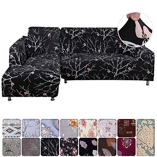 JuneJour Fundas de Sofá Chaise Longues Elastica y Moderna Cubre Sofá Cheslong Extraíble y Lavable,Tejido del Poliéster Fundas de Sofá en Forma de L 2 Piezas(Flores Negro,3 Plazas+3 Plazas)