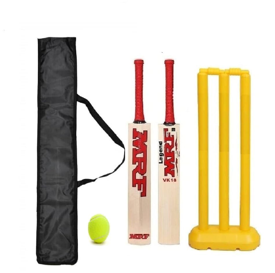 Image of Cricket kit with Wooden Bat & Bat Cover, Plastic Stumps and Tennis Ball for Kids | Cricket Kit for Kids Cricket Bat with Wicket (Size 3, Age 6-10 Year)
