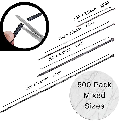 Haus Projekt Cable Ties 500 Pack Black, Assorted Size Zipties, 100/200mm x2.5, 200x4.8, 300x3.6, Cable Management Tidy - Image 2