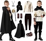 Mecamelon 8 Pcs Medieval Costume for Boys Renaissance Viking Pirate Tunic Outfit for Kids (Black, 12-14 Years)