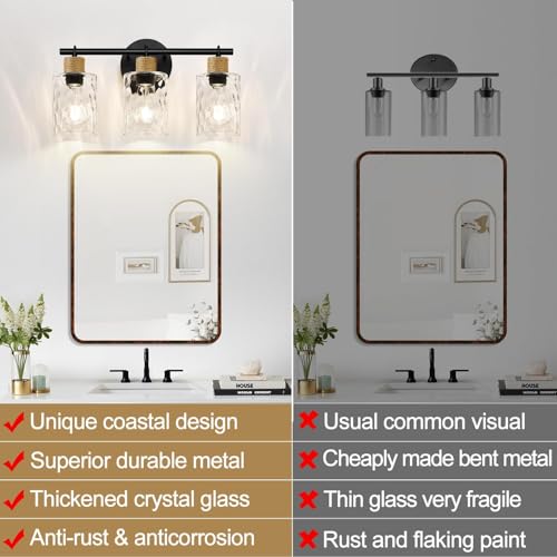 MOKATNG 2025 Upgrade Bathroom Light Fixtures, 3-Light Coastal Vanity Lights with Crystal Glass Shade, Black Bathroom Wall Lamp for Mirror Kitchen Hallway Cabinet - Image 2