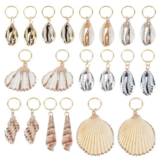 SUNNYCLUE 1 Schachtel 20 Stück 10 verschiedene Muschel Haaranhänger Dreadlock Ring Anhänger Sommer Muschel Kauri Haarringe Haarspangen Schmuckanhänger Accessoires Für Frauen Dreadlock Party Dekoration