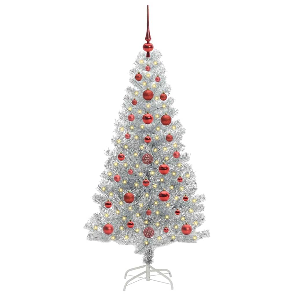 Choinka srebrna 120 cm, sztuczna choinka PET z 150 diodami LED o ciepłej białej barwie, stojak, zasilanie USB, do użytku wewnątrz i na zewnątrz, obrotowa konstrukcja