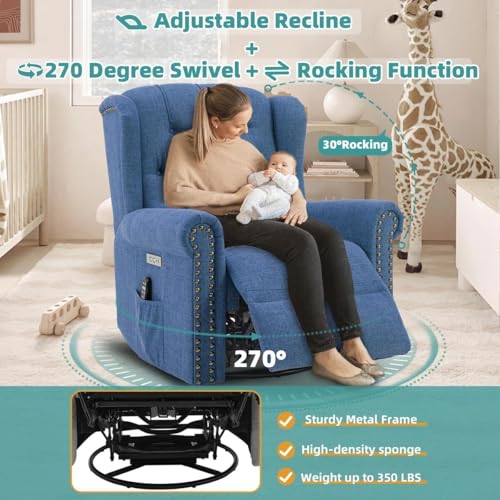 Image of Power Swivel Rocking Recliner Chair with Electric Rocker Nursery Reclining Chair, Wingback Tufted Upholstered for Living Room, USB Ports Color Navy Blue